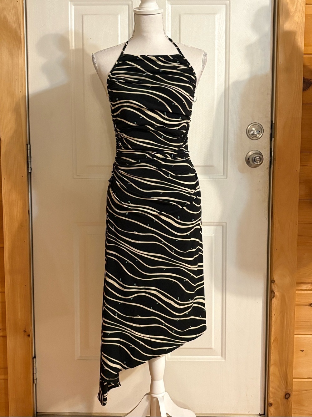 Max Studio Black and Cream Asymmetrical Halter Ruched Midi Dress size XS